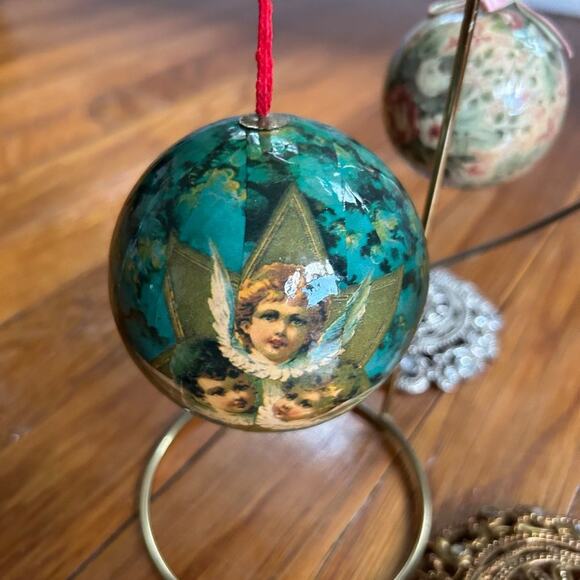 Vintage Decoupage Christmas Ball Ornament Set of 3 - Paper Mache Angel & Roses - Picture 11 of 14